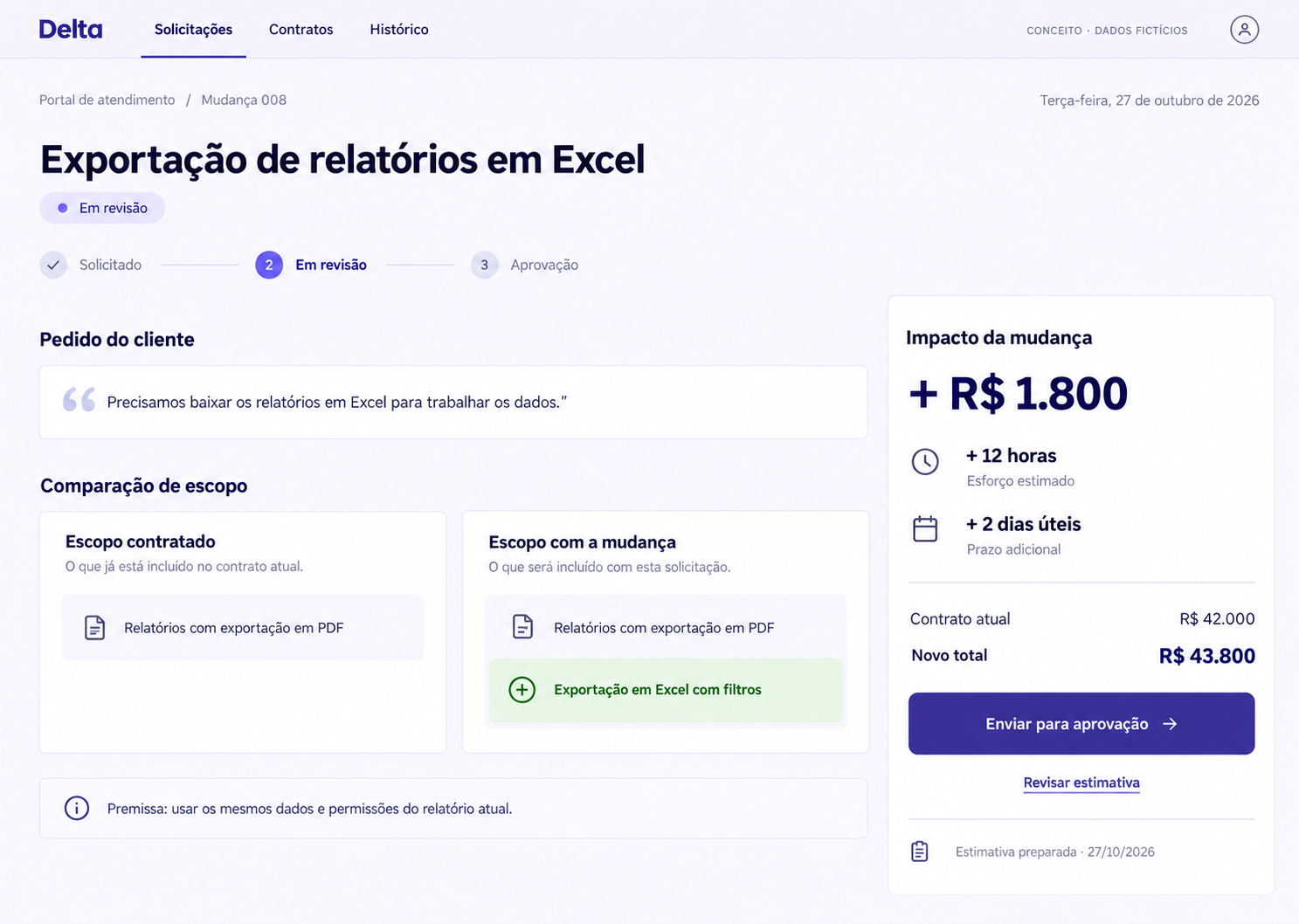Conceito de acompanhamento de solicitação que compara escopos e apresenta os impactos estimados com valores fictícios.
