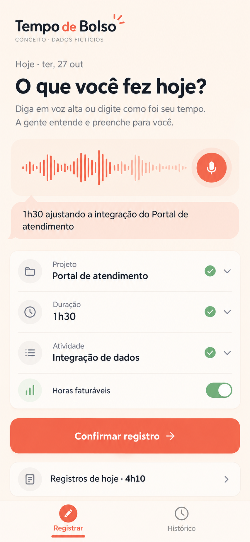 Conceito de aplicativo móvel para registrar uma atividade por texto ou voz e conferir projeto, duração e tipo de trabalho.