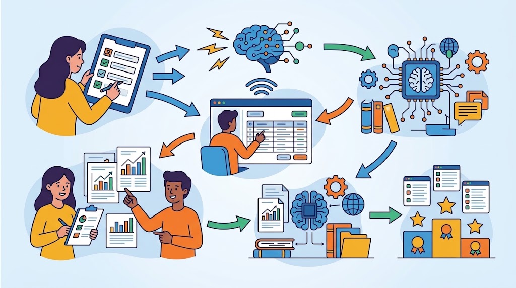 Ilustração de análises assistidas por IA, revisão humana e produção de relatórios.